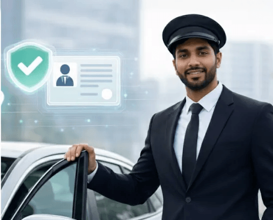 Professional driver beside a vehicle with verification badge overlay