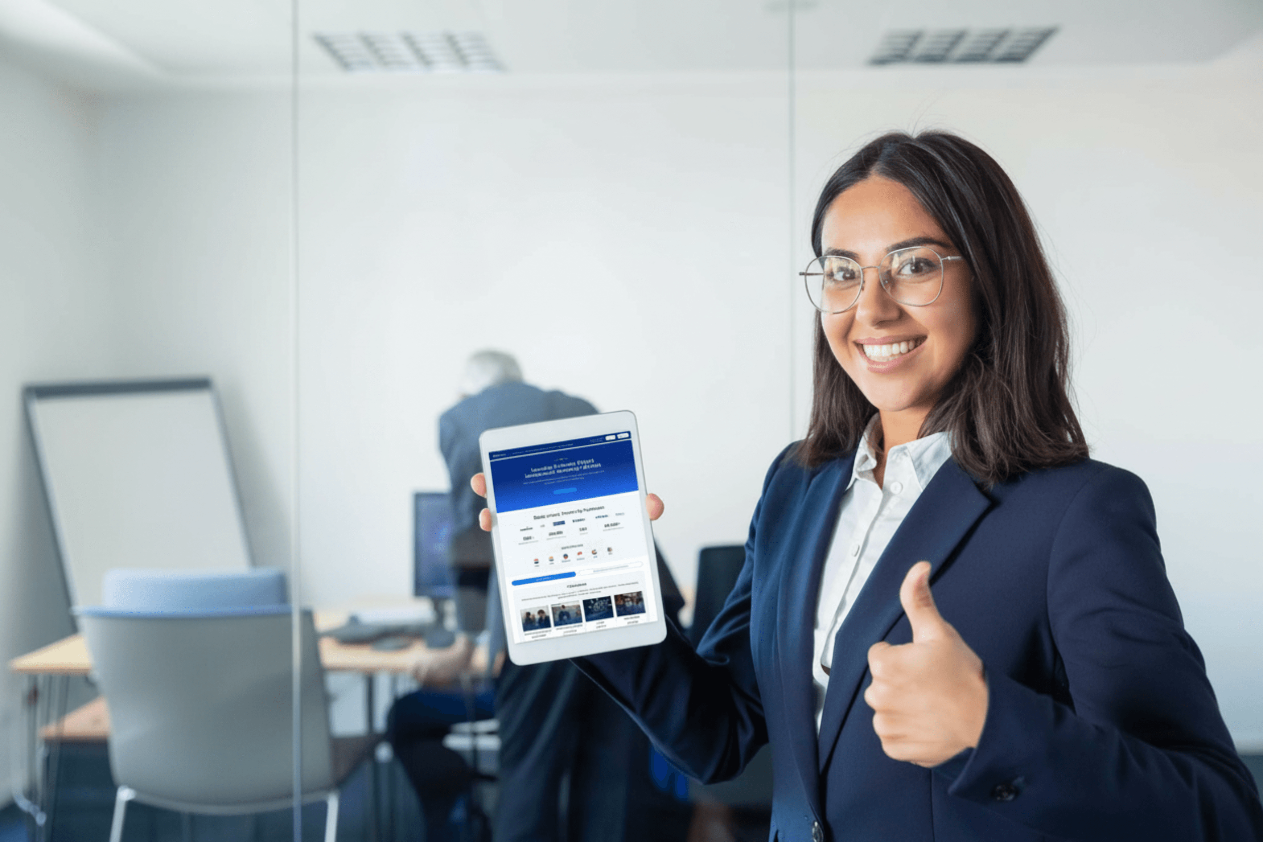 Smiling professional in an office holding a tablet