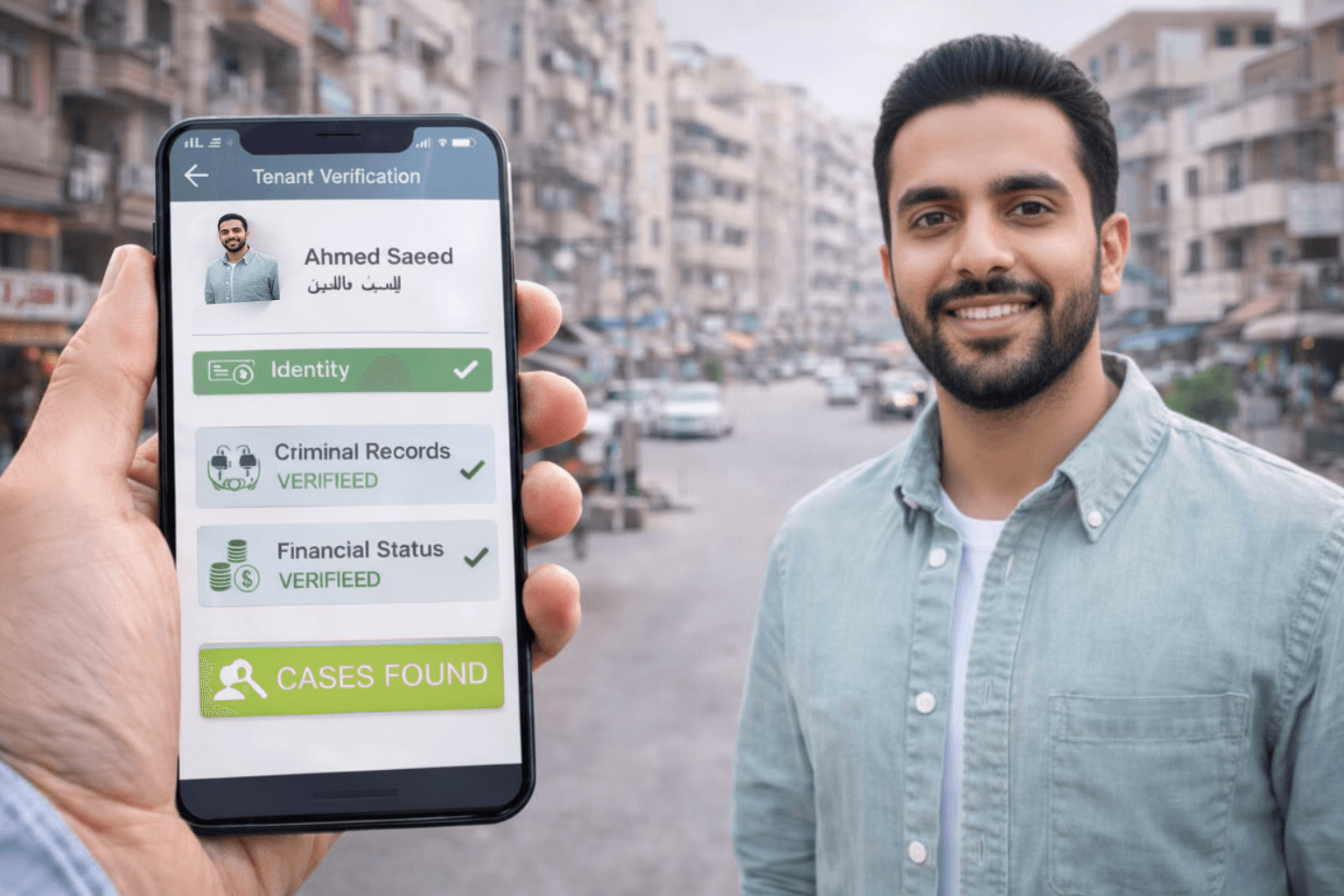 Smartphone showing a tenant verification report with checkmarks, person in an outdoor street setting