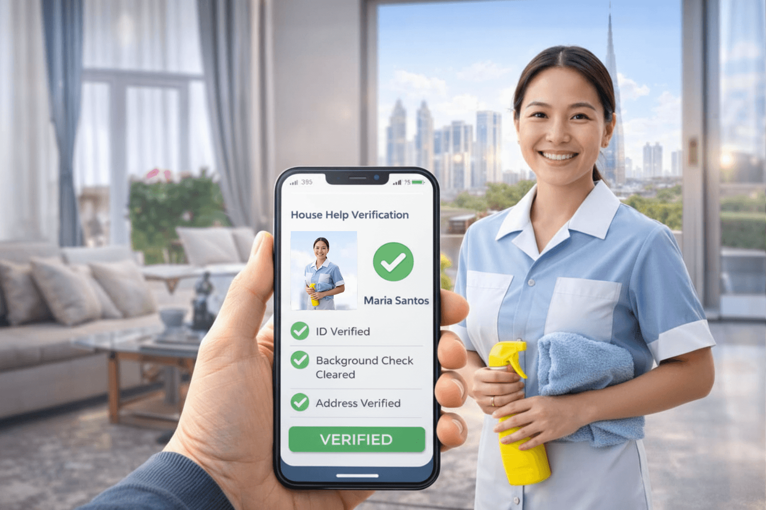 Smartphone showing a verified house help profile with a professional in uniform in the background